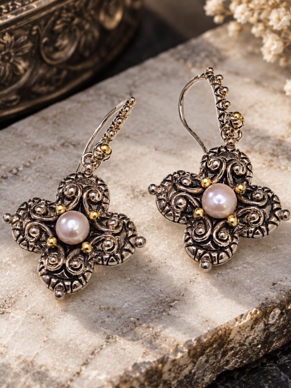 Barbara Bixby Retired White Pearl Flower/Cross Style Earrings .925/18kt